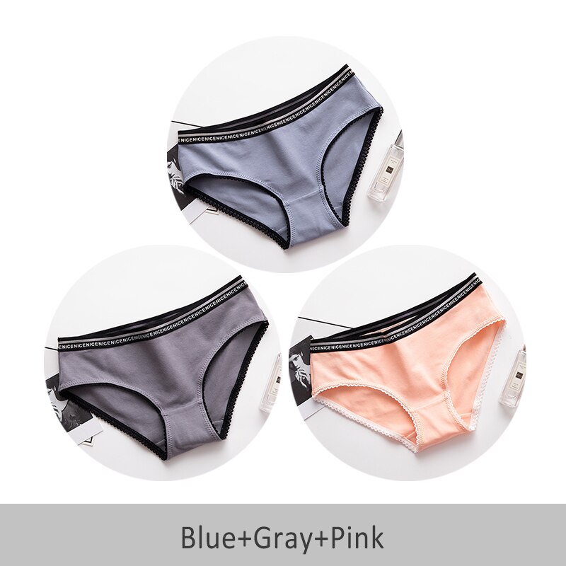 Seamless Sexy Cotton Woman Panties Solid Color Breathable Mid Waist Underwear Girl DULASI 3pcs: Blue Gray Pink / M