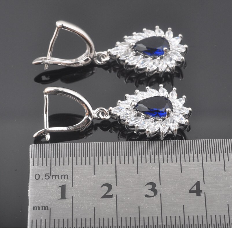 Ensembles de bijoux en forme de goutte d'eau couleur argent pour femmes ensemble de boucles d'oreilles et collier en zircone bleu QZ0394