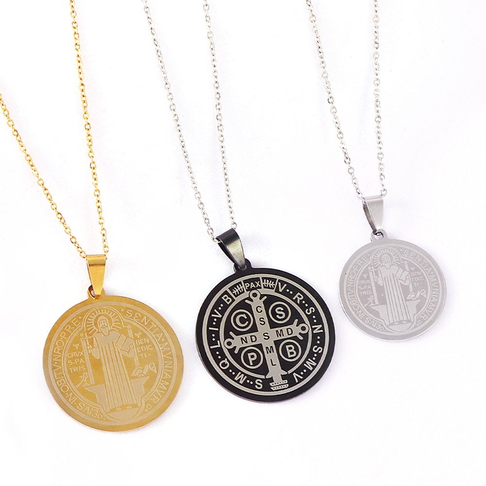 Gold Farbe Katholischen Heilige Benedict Halskette Edelstahl San Benito Medaille bilden Runde Münze Antiqued Für Frauen Männer Schmuck