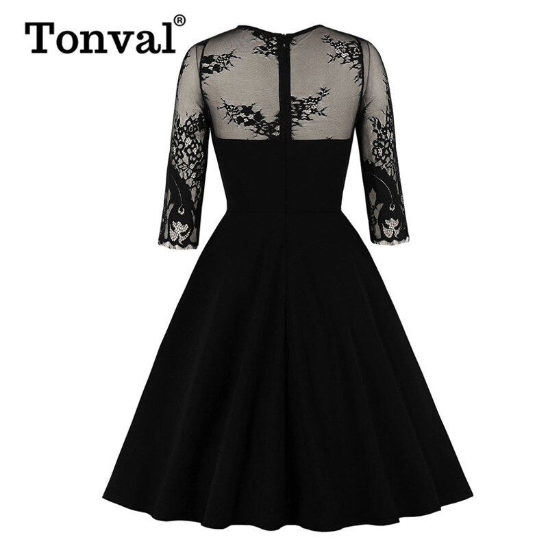 Tonval mesh pitsihiha kultaseni juhla syksy mekko naisten tasku puoli musta viiva naisten vintage swing mekot