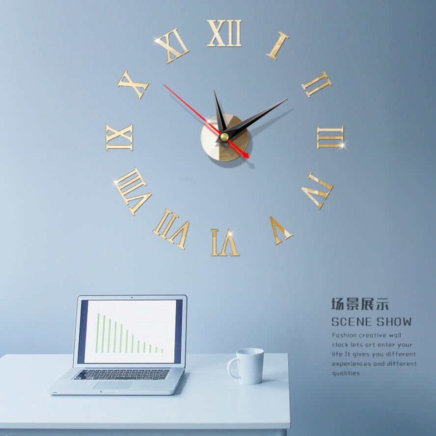 Wandklokken Horloge 3d Romeinse cijfers Diy Acryl Spiegel Klok Horloge Stickers Home Decoratie Woonkamer: Light Gold