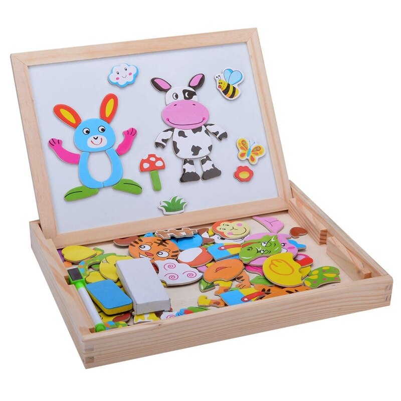 MOVEONSTEP – Puzzle Magnétique éducatif En Bois 100 Pièces Double Face Avec Planche à Dessin, 3 Marqueurs, Craies – Dès 3 Ans