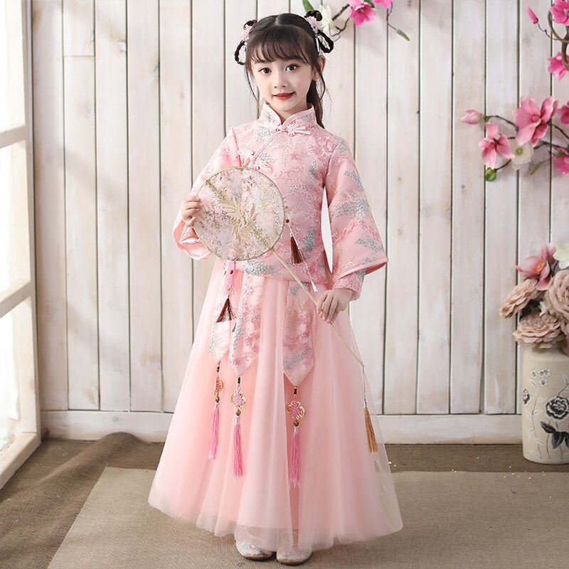 Pink Girl Lace Embroidery Birthday Party Dress Girls Dresses For Wedding Gown Formal Kids Dresses Girls Chinese Years Dress