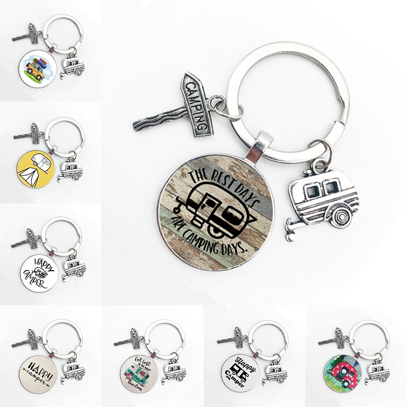 Cute Camper Wagon Keychain, I Love Camping Keychain, Trailer Signpost Keychain, Vacation Travel Memorial