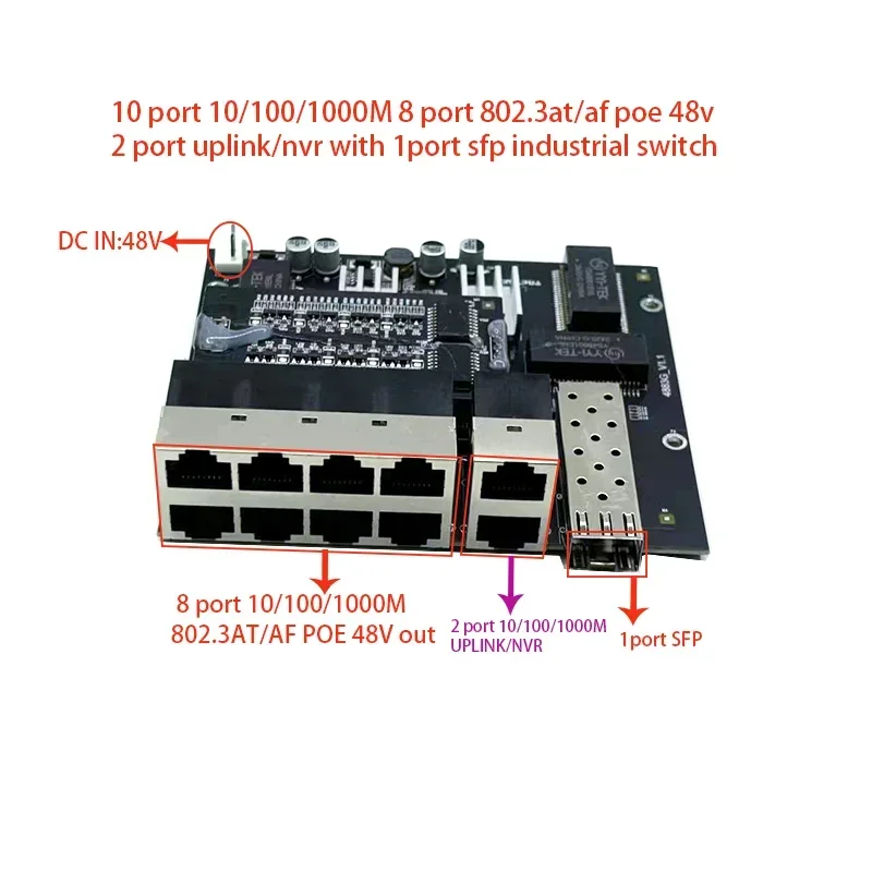 10 porte 10/100/1000M 8 porte 802.3at/af poe in/out 48v con uplink/nvr a 2 porte con modulo switch industriale sfp a 1 porta