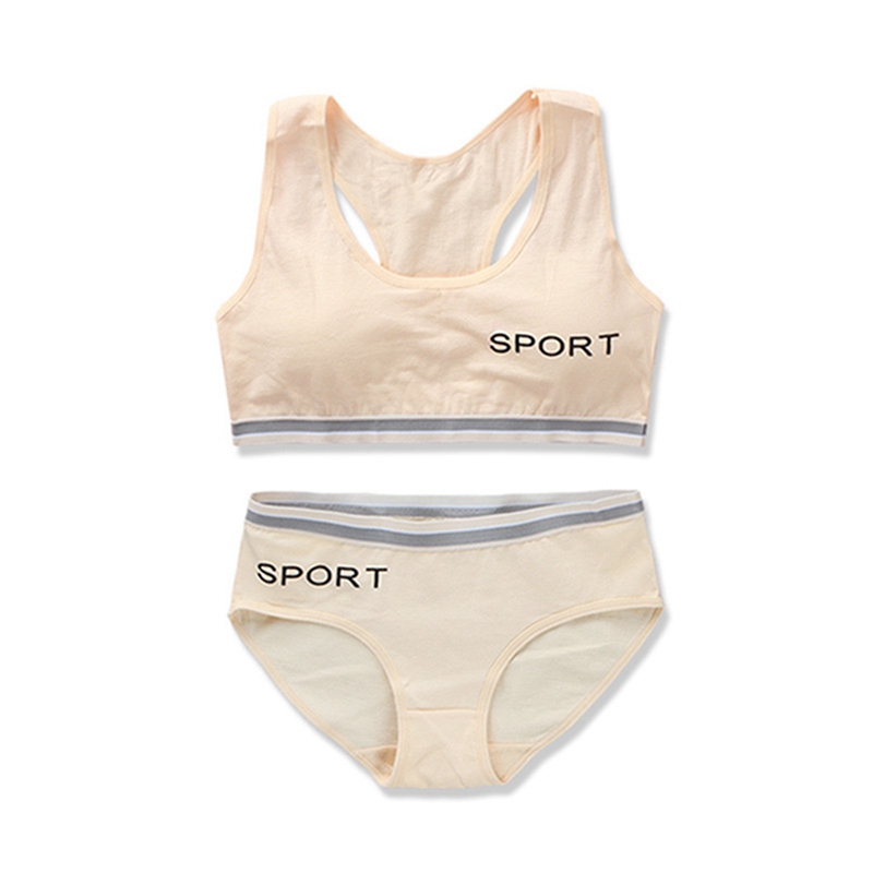 Wireless Girls Bras Panties Sets Cotton Underwear Sets Teenage Sports Training Bra 8-14Y Puberty Student Camisole Vest Panties: Flesh Color Set