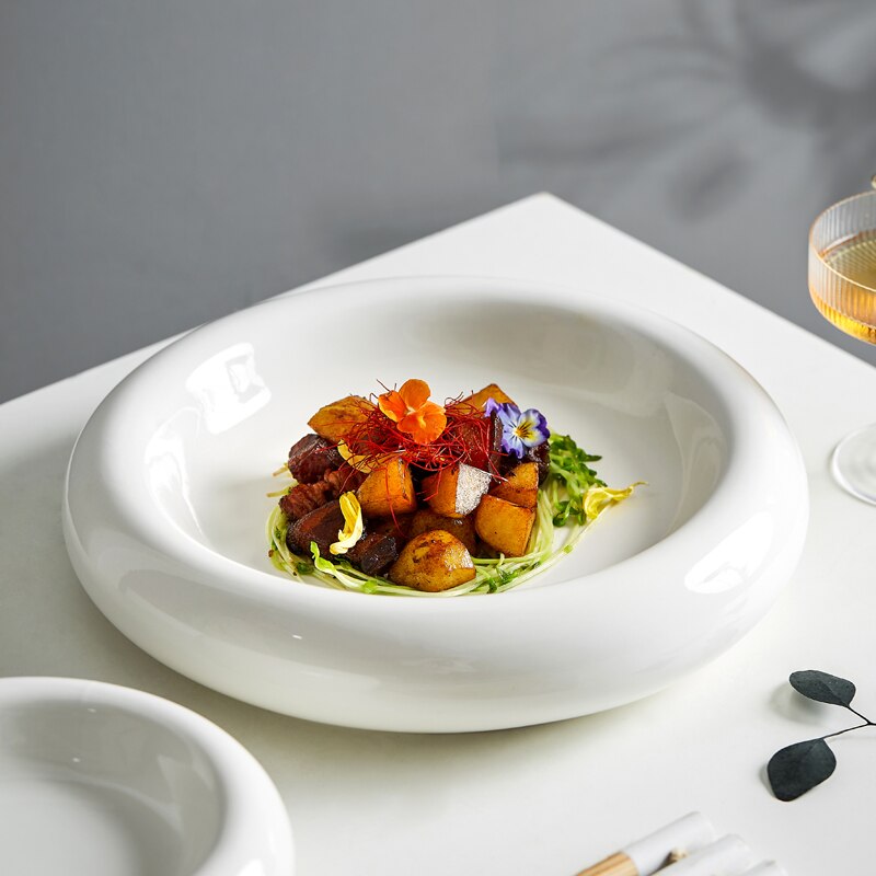 Plato blanco de Hotel, vajilla nórdica, placa de cerámica doméstica, placa de aislamiento, placa gruesa occidental, platos de cena para sala de estar