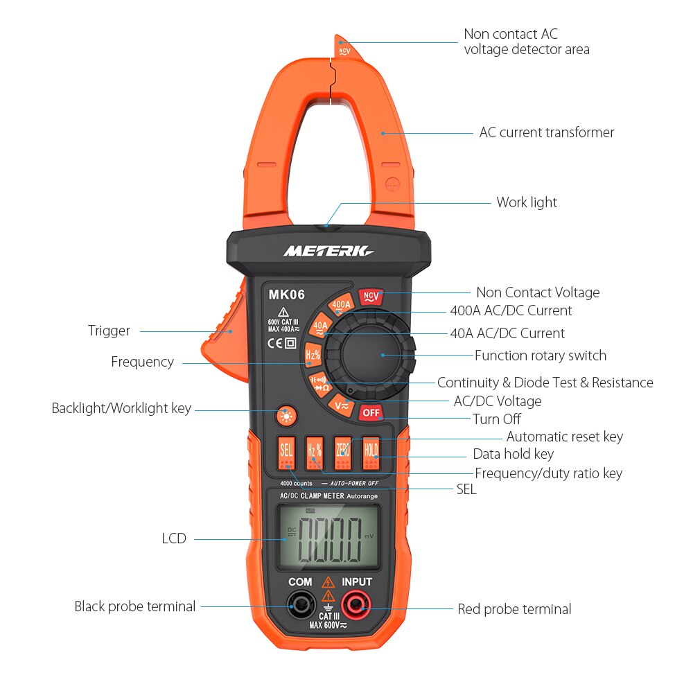 Meterk 4000 Counts Digital Clamp Meter AC/DC Voltage Current Portable Handheld LCD Diaplay Auto-ranging Clamp Multimeter Tester