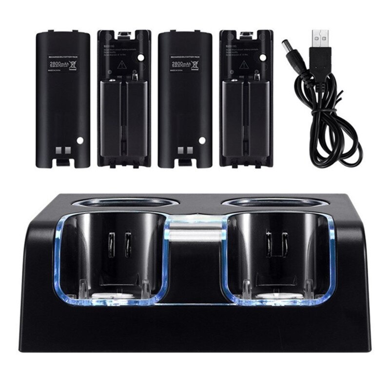 4 In 1 Led Afstandsbediening Opladen Dock Station + 4X2800Mah Batterij Usb Kabel Voor Wii/wii U: Black