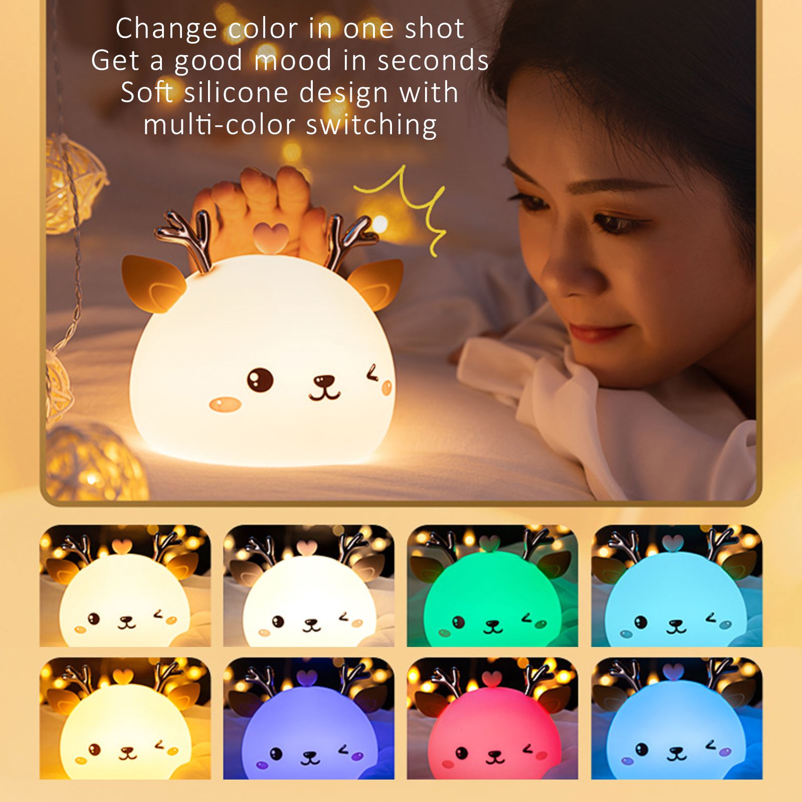 Niedliches LED-nachtlicht mit silikon-touchsensor, 7 farben, hirschmotiv, nachtlampe für kinderzimmer, babyzimmer, schreibtischdekoration, akku, usb-ladefunktion