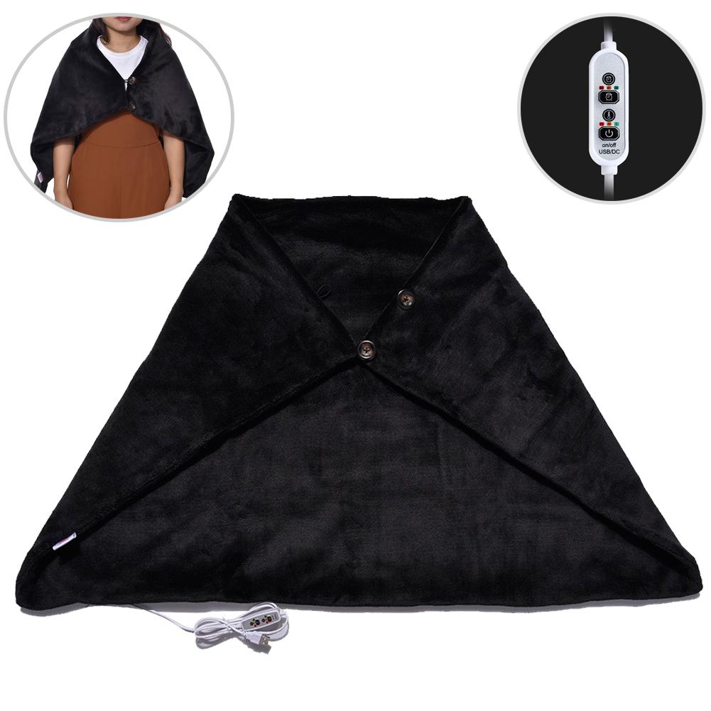 Office Home Electric Warming Heating Blanket Pad Shoulder Neck Heating Shawl USB Soft 5V 2A Ourdoor Soft Heated Shawl: Black 65x100cm