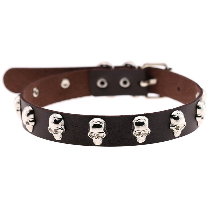 Trendy Punk Rock Silver Color Alloy Skull Leather Choker Necklace For Women Men Collar Jewelry: Deep Khaki