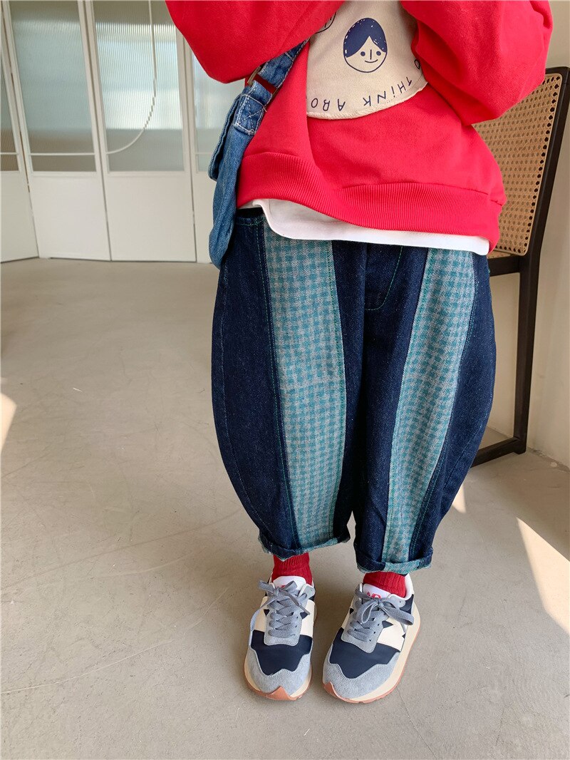 2022 New spring Boys and girls patchwork little plaid harem pants pantaloni caasual in cotone all-match