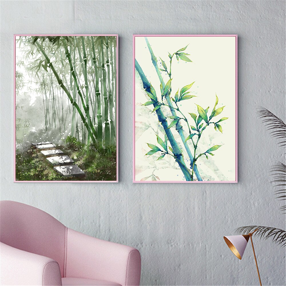 Affiche d'art mural chinois bambou | Plante verte aquarelle, toile Art, tableau mural imprimé pour salon, décoration de la maison