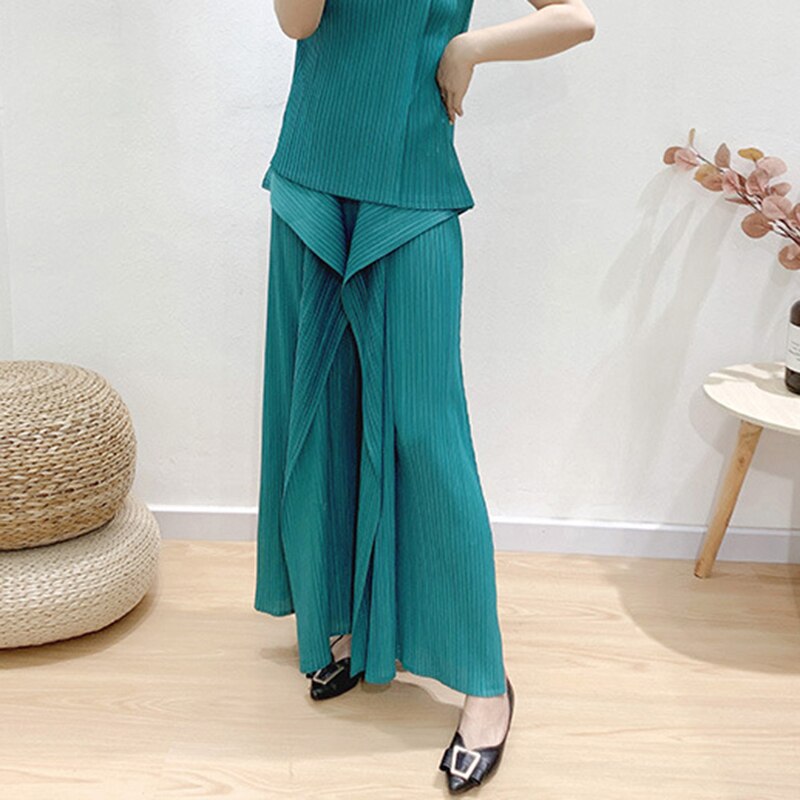CHICEVER-Pantalones lisos de cintura alta para mujer, pantalón informal, liso de talla grande, fruncido, de pierna ancha, ropa de , estilo