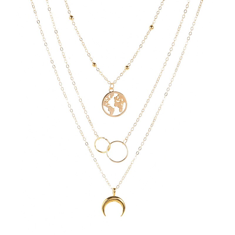 Multi-Layer Moon World Map Pendant Necklace For Women Gold Silver Color Necklaces Female Jewelry
