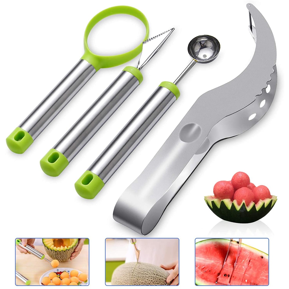 4 Stuks Meloen Baller Scoop, Watermeloen Slicer Cutter Set, Fruit Carving Tools Mes, rvs Cutter Kit Voor Groente