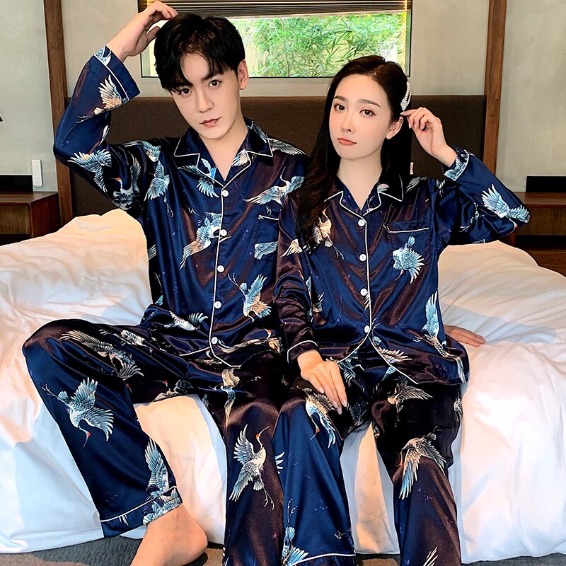 Par menn og kvinner sateng pyjamas sett 2 stk topp og bukse hund valp tegneserie silke glatt vår femme nattøy natttøy pjs