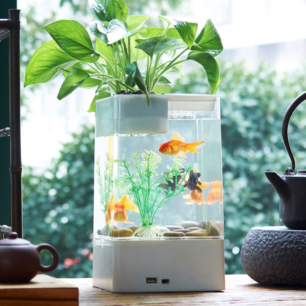 Lazy Mini Small Acrylic Goldfish Bowl Fish Tank Free Water Change Transparent Fish Tank(White,without Batteries): White