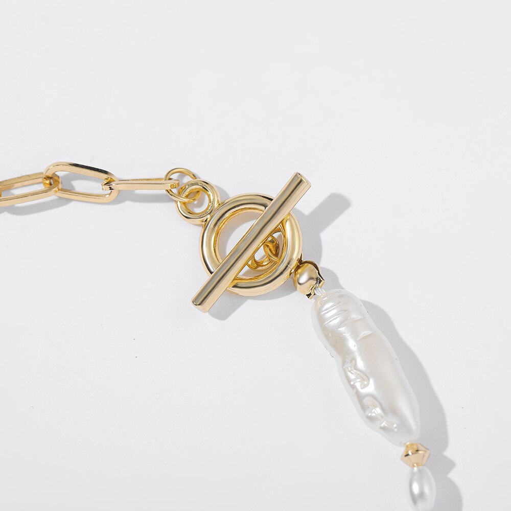 Minimalist Irregular Natural Pearls Toggle Clasp Necklaces for Women Gold Mixed Linked Circle Choker Necklace Female Jewelry