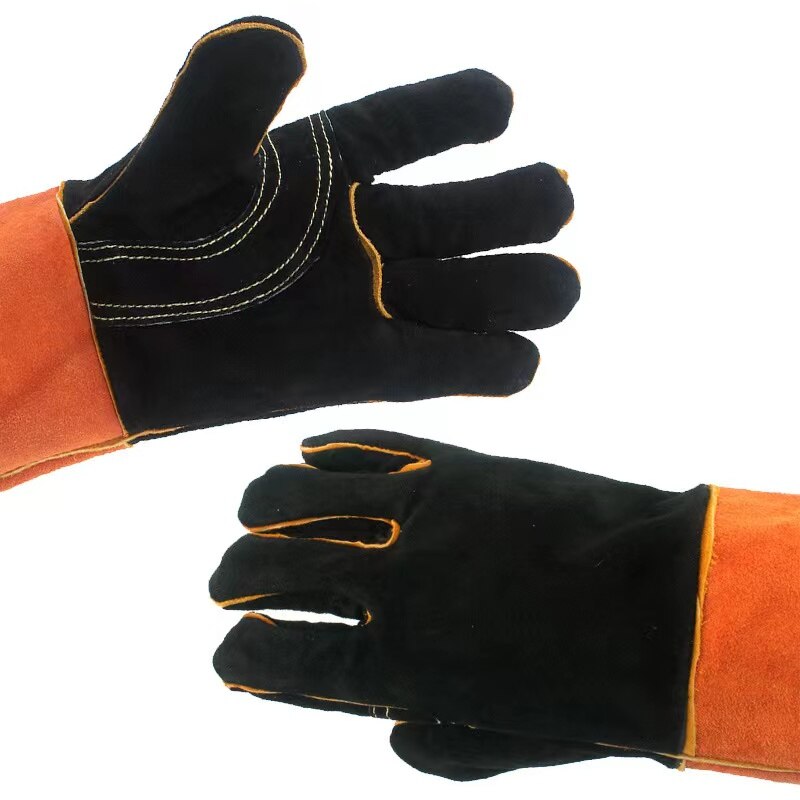Guantes de soldadura de cuero, manoplas resistentes al calor, al fuego, para horno, chimenea, estufa, barbacoa, con manga larga