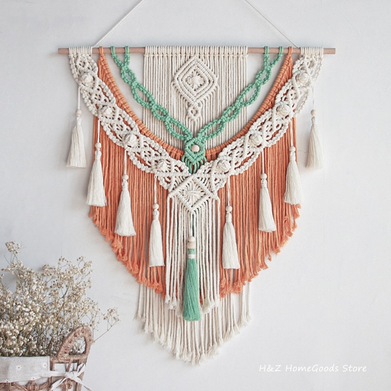 Handvävda färgmönster macrame vägghängande konst vävda bohemiska hantverk dekoration underbara gobelänger för hem sovrum 60*75cm