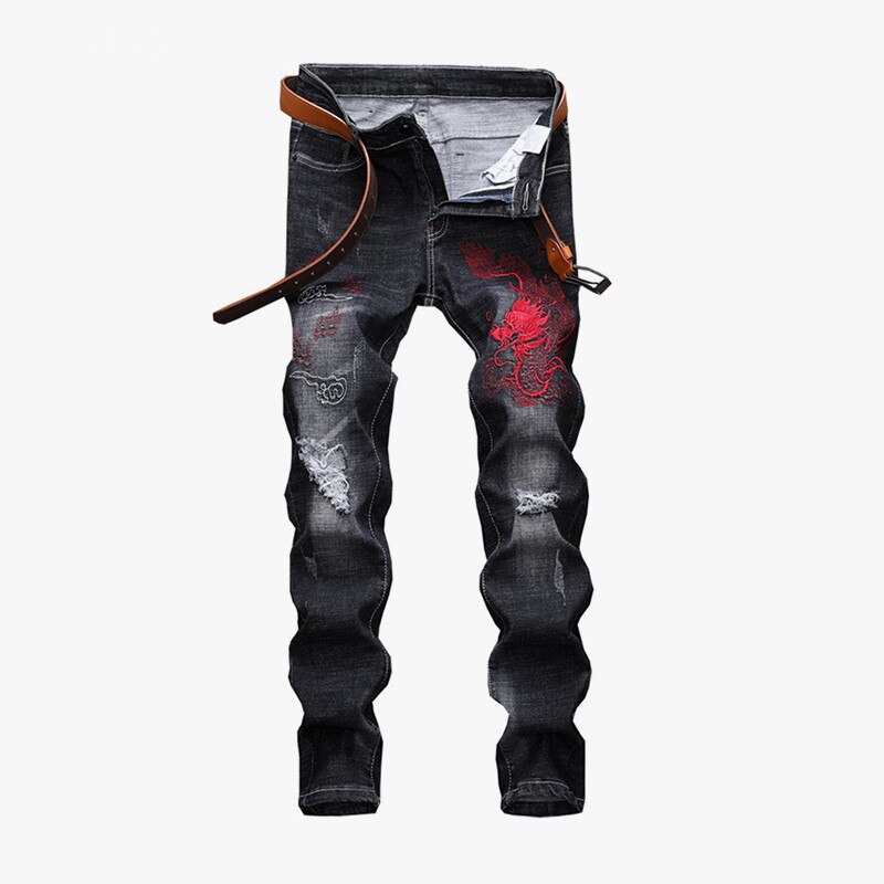 Pantalones vaqueros ajustados con bordado de dragón para hombre, Jeans rasgados a la , ropa de calle, Jeans desgastados lavados con agujeros, color negro