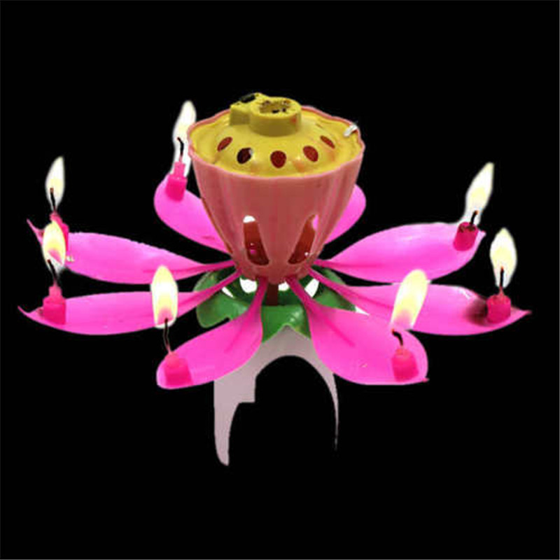 1pc smukke blomster lotusblomstlys fødselsdagsfest kage musik gnistre kage topper roterende lys dekoration: Lyserød 1