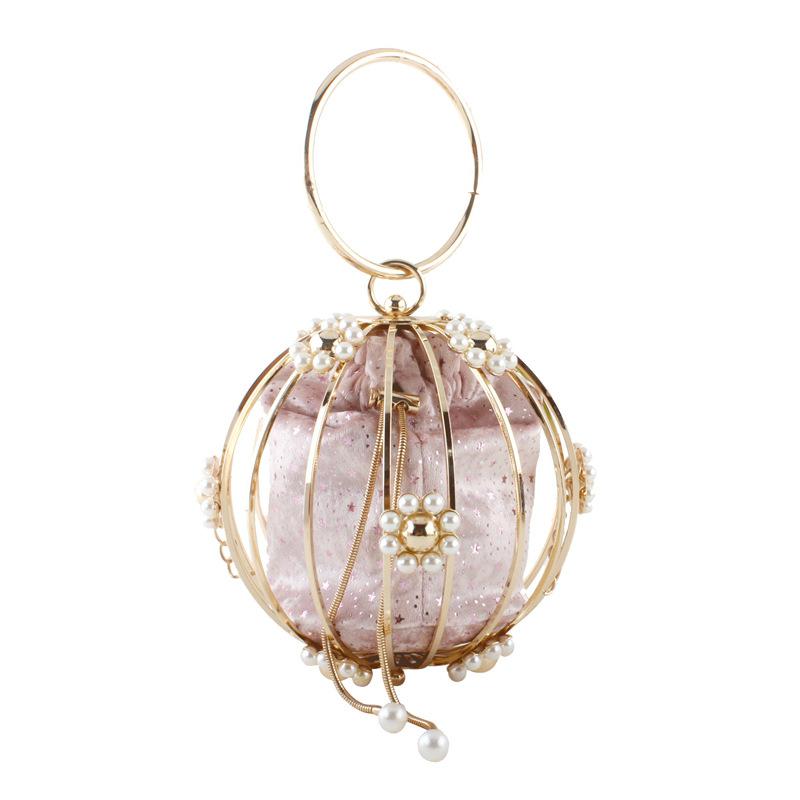 Bolso de noche de franela con cierre de jaula esférica para mujer, bandolera de noche con cierre de jaula esférica, de lujo, con perlas de color Beige y cristales: Rosa