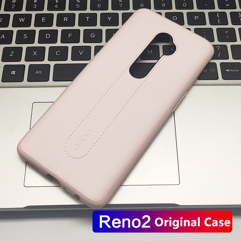 Originele hoes voor OPPO Reno 2, officieel slank zacht leer + TPU-achterkant, schokbestendige rubberen huidcoverbeschermer, zonder doos: Roze