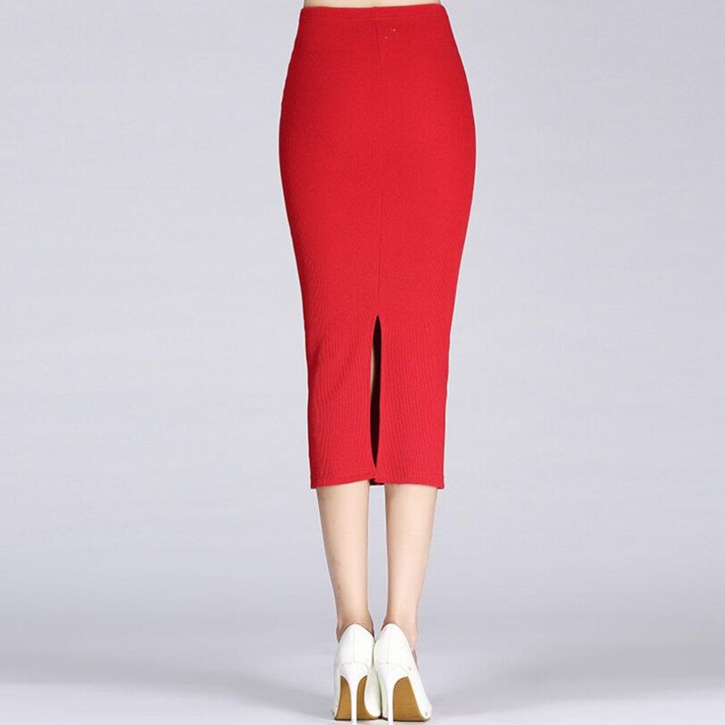 Danjeaner Vrouwen Formele Werk Hoge Wasit Gebreide Katoen Potlood Rokken Elastische Solid Slim Lange Rokken Split Pakket Hip Maxi Sketches
