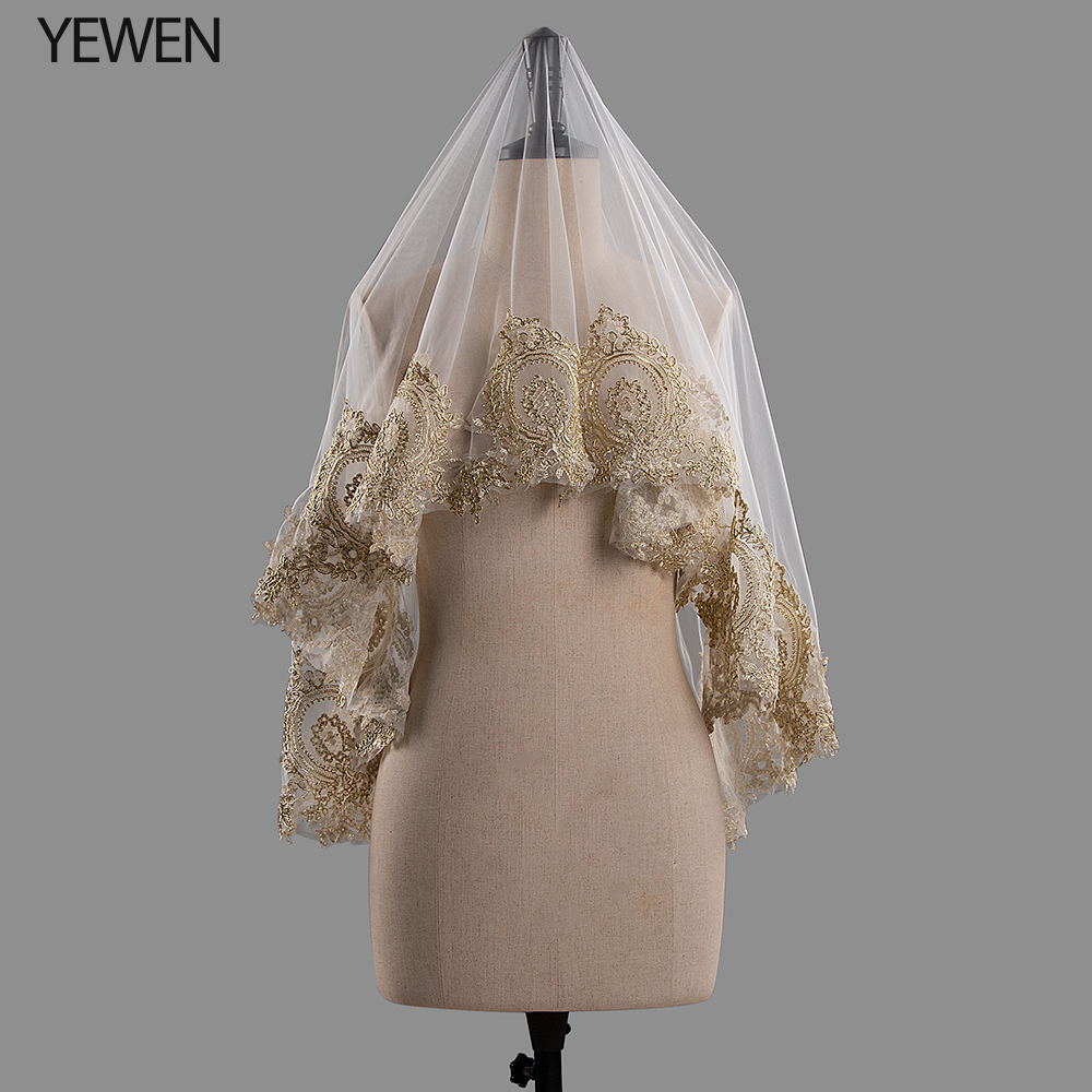 Luxe Bruiloft Sluiers 1.5M Mantilla Kant Goud Applique Bruiloft Accessoires Een Layer Waltz Lengte Tule Bruidssluier Real Afbeelding