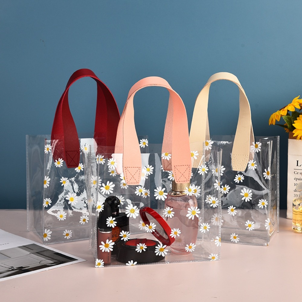Transparent Klar Toteväska PVC Handtag Transparent Shoppingväskor Liten Daisy Handväska