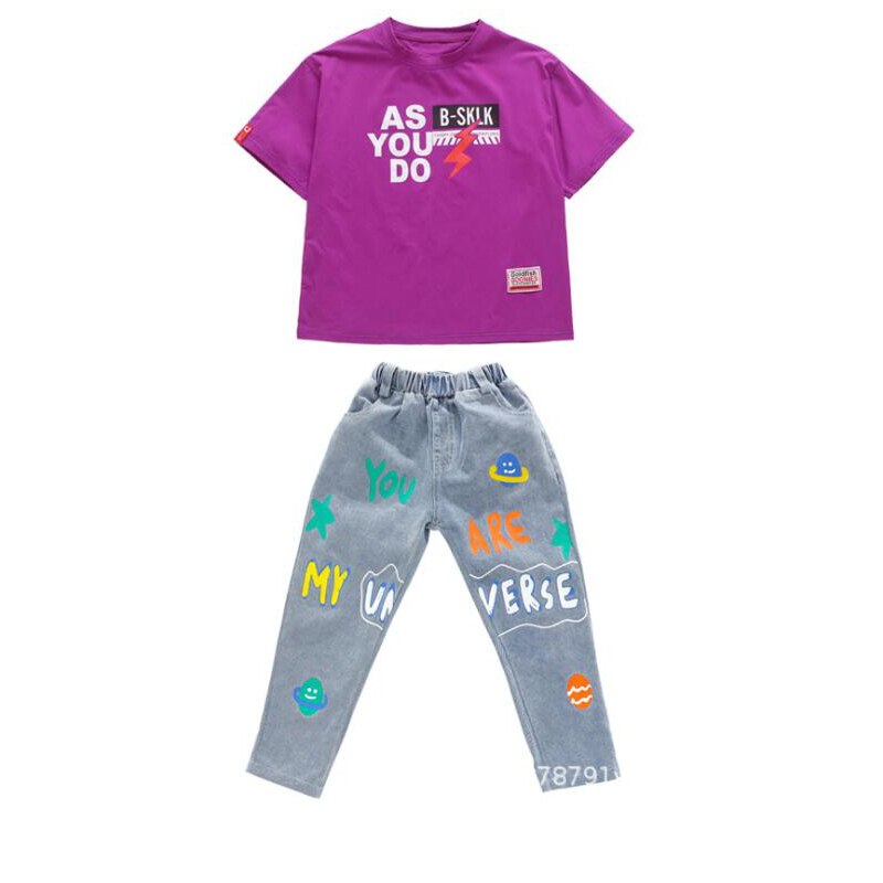 Barn hip hop dans kläder festival outfits lös t-shirt toppar jeans byxor pojke flickor jazz dans kostym kläder street wear