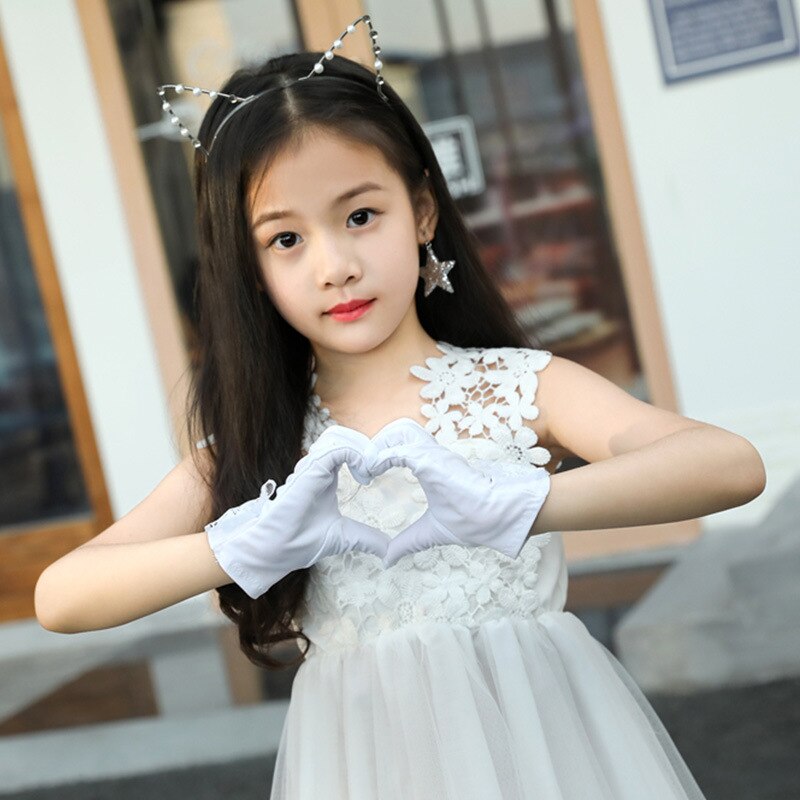 Guantes largos de princesa para niña, manoplas de boda para nocturna, guante para niño, guantes de rendimiento con lazo de encaje de perlas para cumpleaños