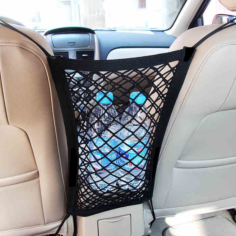 Universele Auto Opslag Netto Auto Pocket Bagage Haken Organizer Seat tas Elastische Nylon Mesh Net String Tas Met 4 Plastic haken