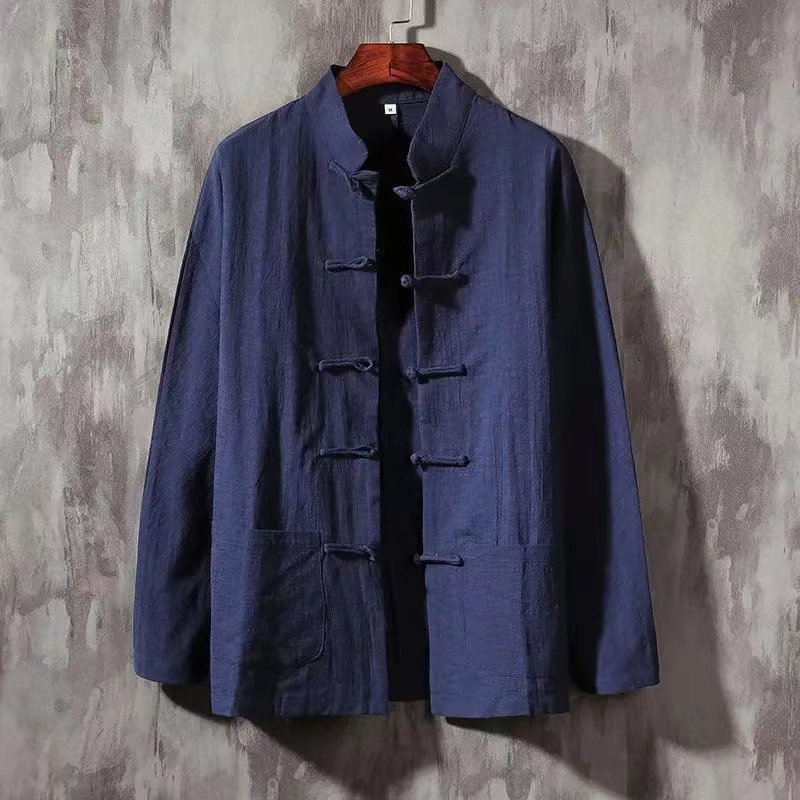 XXXXXL-Blusa holgada de algodón y lino para hombre, camisa de manga larga sin cuello, con botones de rana, talla grande, M-5XL de gran tamaño: 4XL / Castaño