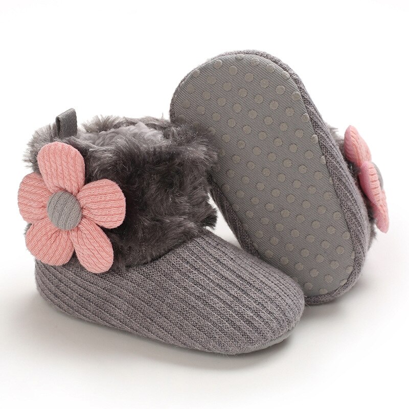 Winter Baby Cotton Shoes Plush Warm Toddler Girl First Walker Shoes Anti-Slip Infant Flower Short Boot Lightweight Soft Sole