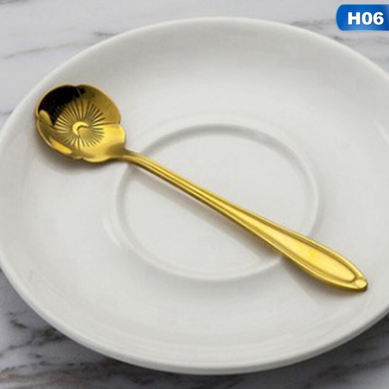 Tableware Coffee Stirring Spoon Ceramic Handle Flower Scoop Stainless Steel Gold Plated Cherry Rose Spoons Kitchen Tools: H06