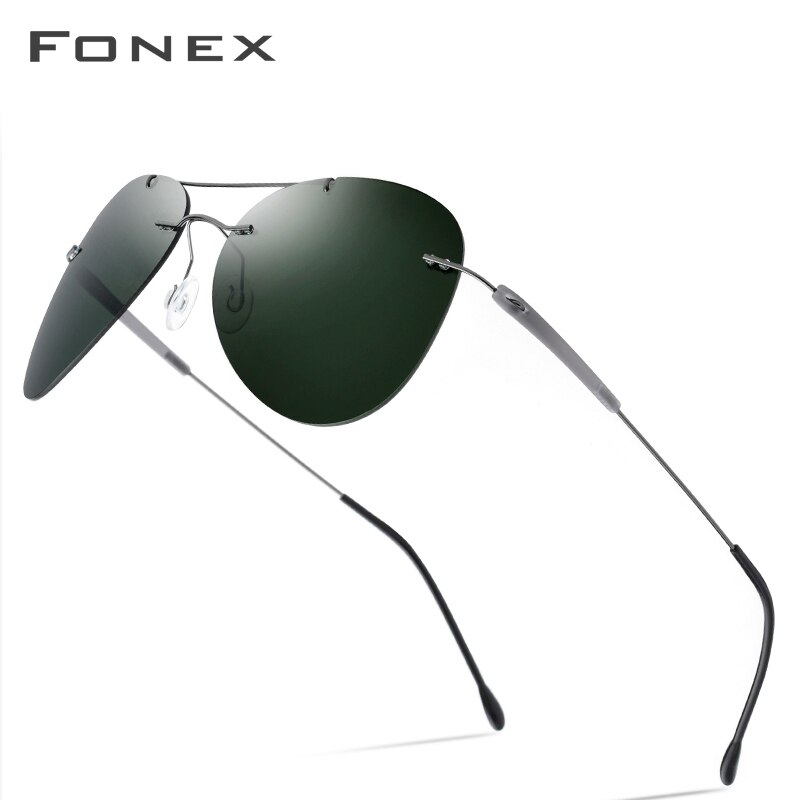 Fonex titanium legering  tr90 kantløse solbriller mænd kvinder pilot aviation polariserede solbriller til mænd skruefri stelløs 851: Grøn