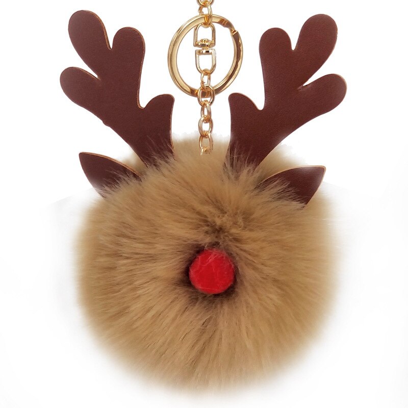 Noël flou Caribou corne cheveux boule porte-clés dessin animé Elk jouet pour femmes fille fausse fourrure boule sac à main porte-clés: brown