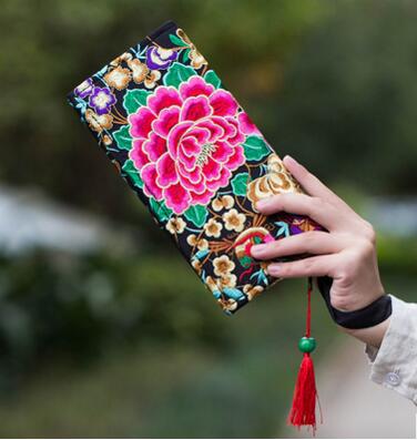 Heißer Preis-förderung Neueste Bestickte Brieftasche Geldbörse handgefertigt Ethnischen Blumen Stickerei Frauen Lange Brieftasche Schild Kupplung Handtasche