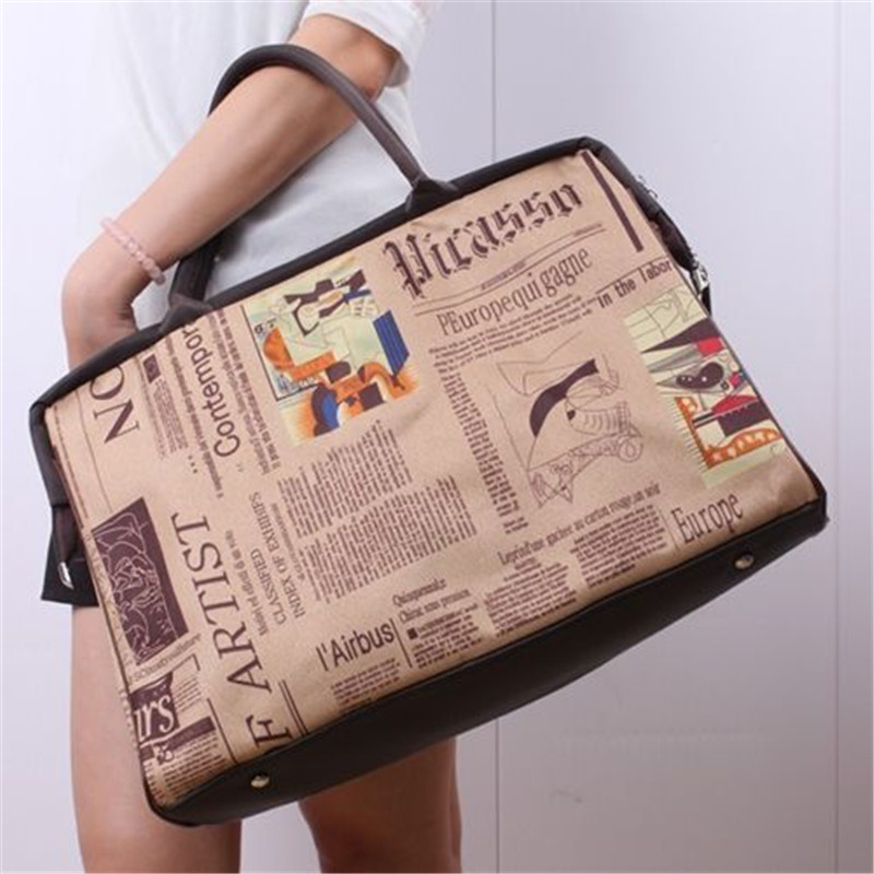 Retro Vintage Tote Handbag Large Capacity Casual Travel Newspaper Pattern Luggage Bag for Women