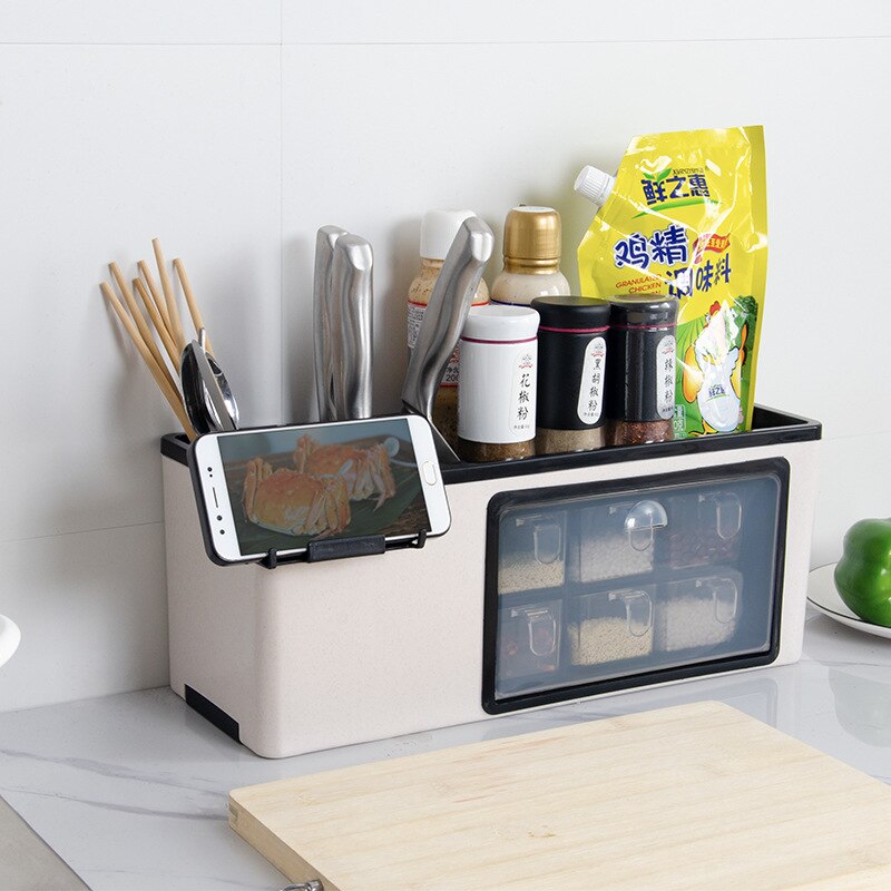 Cremalheira de especiarias de parede material de grau alimentício multi-função cremalheira tempero de baunilha jar armazenamento rack de cozinha caixa de armazenamento: Desktop-Beige