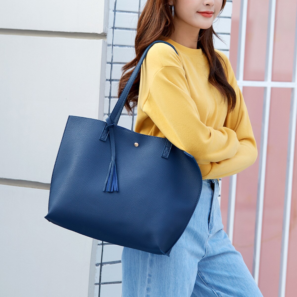 Mode Grote Capaciteit Vrouwen Schoudertassen Tassel Tote Handtas Boodschappentas Groene Bakken Vrouwen Tas: Blauw