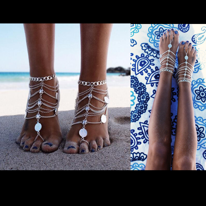 Bohemian çok katmanlar hint para kadın halhal ayak bilezik yalınayak sandalet zincir kayış plaj aksesuarları takı kadınlar için