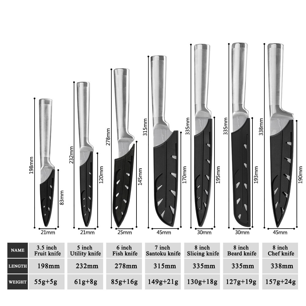 Damask køkkenknive sæt 7 cr 17 knive i rustfrit stål frugtværktøj santoku kok udskæring brød madlavning kniv damaskus mønster: 7 stk sæt