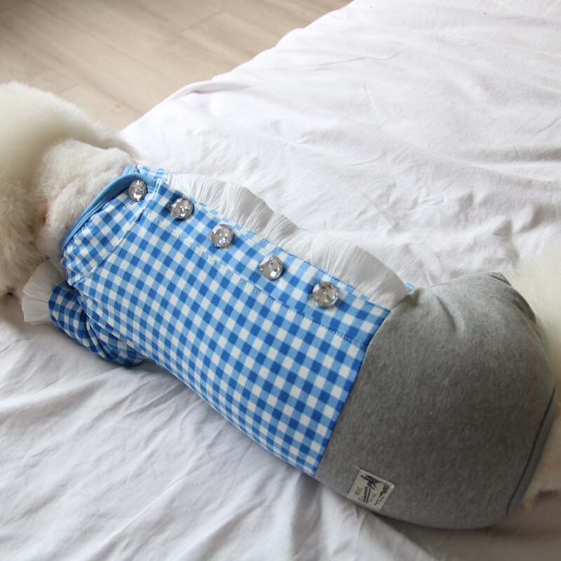 Mono fino de algodón puro para perro, ropa para cachorro, mono a cuadros azules, pijamas para proteger el vientre, para perros pequeños, Chihuahua, caniche