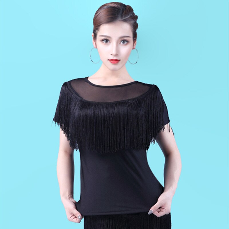 Latin Dance Sexy Ballroom Dance Dance Costume Tassel Shirt Mesh Adult Modern Dance Top Ladies Practice Clothes: black / L