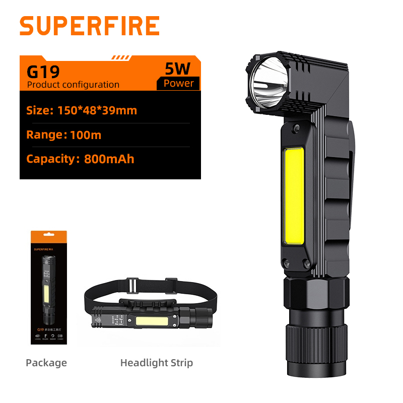 Superfire  g19 ledet+kolbe-hodelykt med magnet 90 ° lommelykt usb-oppladbar frontlykt kraftig lommelykt til camping arbeidslys: misligholde tittel